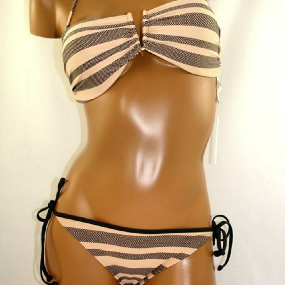 L'Space Swimwear Striped Bandeau Bikini Top Bottom Set BNWT